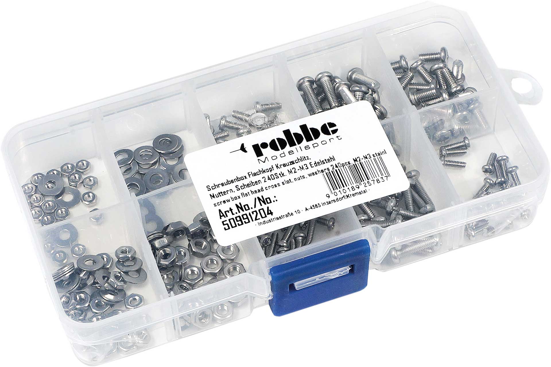 Robbe Modellsport Screw box flat head cross recessed, Nuts, washers 240pcs M2-M3 stainless steel